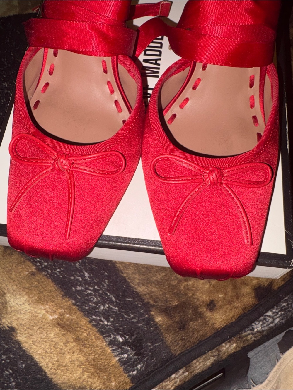 Steve Madden Red Satin Ankle Tie Ballet Pumps - Picture 7 of 10